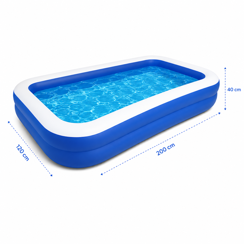 Piscina Gonflabila Mare pentru Familie 200 x 120 x 40 cm, 2 Inele de Siguranta, PVC Rezistent, Albastru Powersale
