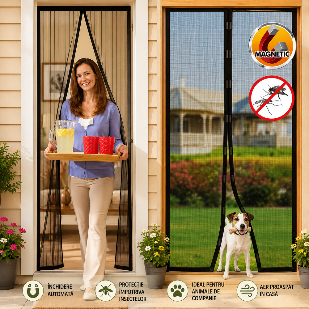Set 2 Perdele Anti-Insecte pentru Ușă 210 x 100 cm, Închidere Automată , Montaj Rapid, Plasă Fină împotriva Insectelor, Negru PromotiiZilnice
