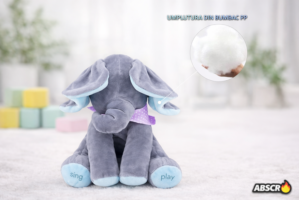 Jucarie de plus interactiva ABSCR Elefant Peek-a-Boo, canta si se joaca Cucu Bau, misca urechile, 2 moduri de joc, 33 x 16 cm, material moale, pentru copii PromotiiZilnice