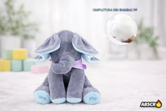 Jucarie de plus interactiva ABSCR Elefant Peek-a-Boo, canta si se joaca Cucu Bau, misca urechile, 2 moduri de joc, 33 x 16 cm, material moale, pentru copii PromotiiZilnice
