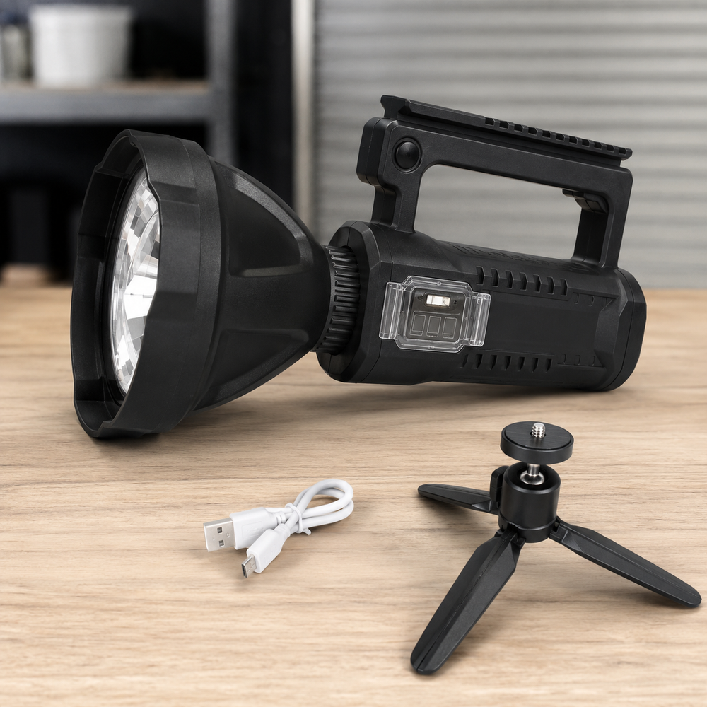 Lanterna LED Reincarcabila Profesionala 4000 Lumeni, Functie Powerbank, Trepied Inclus, 4 Moduri Iluminare, USB, Raza Mare de Actiune, Negru PromotiiZilnice