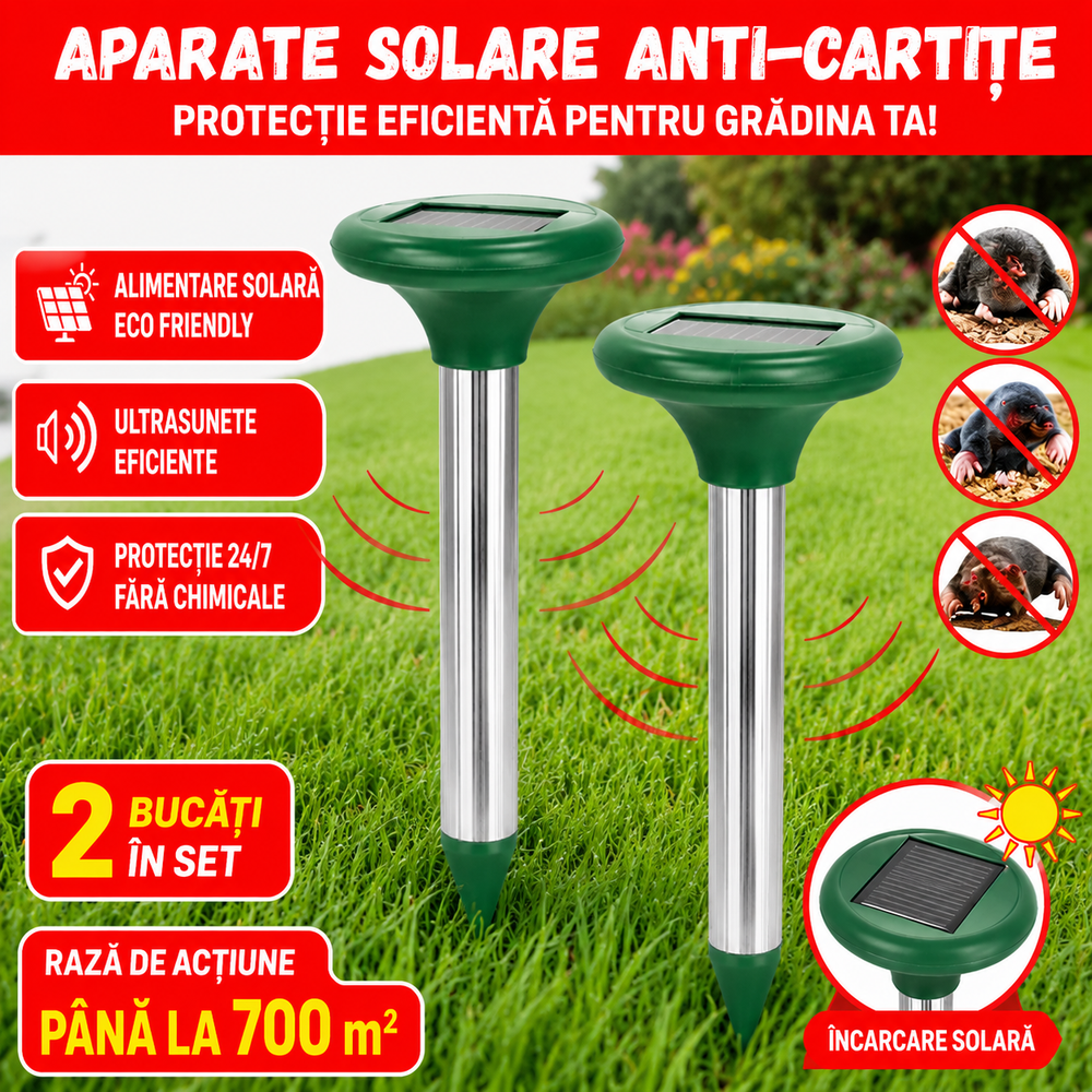 Set 2 Aparate Solare Anti-Cârtițe cu Ultrasunete – Protecție pentru Grădină până la 700 m² Powersale