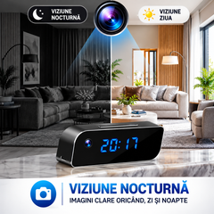 Ceas Digital cu Cameră de Supraveghere WiFi, Full HD 1080P, Viziune Nocturnă, Detecție Mișcare, Microfon, Negru BunSiPractic