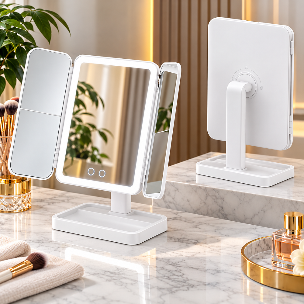 Oglindă Cosmetică LED Pliabilă cu Mărire, 3 Tipuri de Lumină, Intensitate Reglabilă, Control Touch, Suport Rotativ, Albă PromotiiZilnice