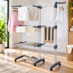 Uscător de Rufe Vertical Dublu cu 3 Niveluri, Pliabil, cu Roți și Suporturi pentru Umerașe, Cadru Metalic Alb, 176 × 138 × 45 cm Powersale