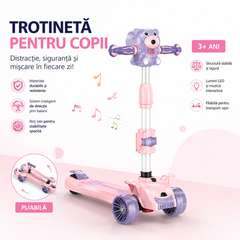 Trotineta multifunctionala copii 3 in 1 cu muzica, baloane de sapun si roti LED, pliabila, ghidon reglabil, scaun detasabil, roz-mov Powersale