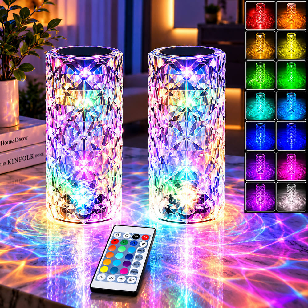 Set 2 Lămpi LED Ambientale RGB, Tip Cristal, cu Telecomandă, Control Tactil, Reîncărcabile USB, Efecte Luminoase PromotiiZilnice