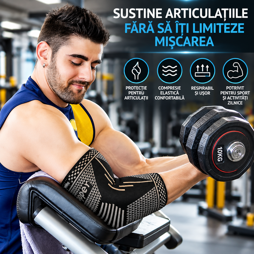 Set 2 Cotiere Compresive cu Inserție de Cupru, Suport Elastic pentru Cot, Sport și Activități Zilnice, Negru PromotiiZilnice
