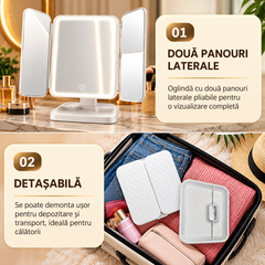 Oglindă Cosmetică LED Pliabilă cu Mărire, 3 Tipuri de Lumină, Intensitate Reglabilă, Control Touch, Suport Rotativ, Albă PromotiiZilnice