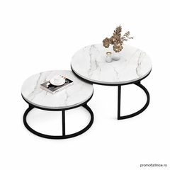 Set 2 măsuțe de cafea rotunde cu efect marmură – Blat MDF + Cadrul metalic rezistent | Design modern living PromotiiZilnice