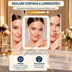 Oglindă Cosmetică LED Pliabilă cu Mărire, 3 Tipuri de Lumină, Intensitate Reglabilă, Control Touch, Suport Rotativ, Albă PromotiiZilnice