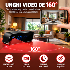 Ceas Digital cu Cameră de Supraveghere WiFi, Full HD 1080P, Viziune Nocturnă, Detecție Mișcare, Microfon, Negru BunSiPractic