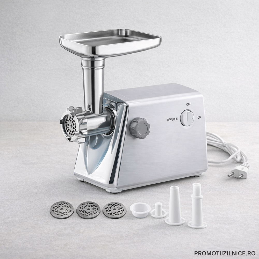 Mașină de tocat carne electrică Visuron 3000 W – 120 kg/oră, 3 site inox, funcție Reverse, componente detașabile PromotiiZilnice