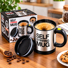 Set 2 Căni cu Amestecare Automată Self Stirring Mug, Inox, Capac, Buton Pornire BunSiPractic