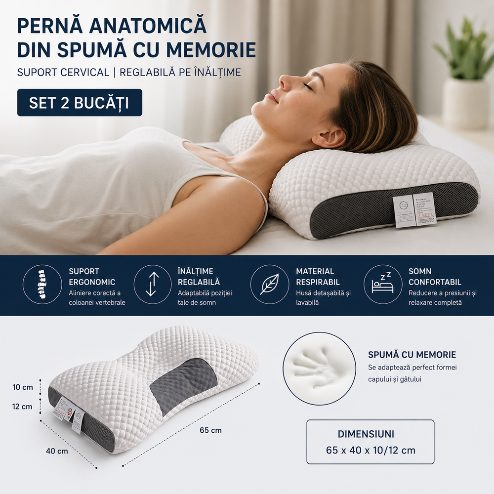Set 2 Perne Anatomice din Spumă cu Memorie, Reglabile pe Înălțime, Suport Cervical, Husă Respirabilă, 65 x 40 cm PromotiiZilnice