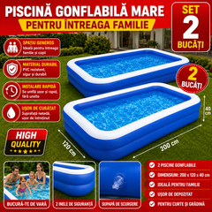Set 2 x Piscina Gonflabila Mare pentru Familie, 200 x 120 x 40 cm, 2 Inele de Siguranta, PVC Rezistent, Albastru Powersale