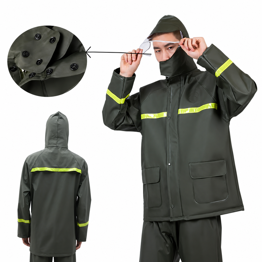 Costum Impermeabil Ploaie Profesional, Set Geaca si Pantaloni, Cu Gluga, Respirabil, Reflectorizant, Protectie Completa Exterior-Marime Universala- Powersale