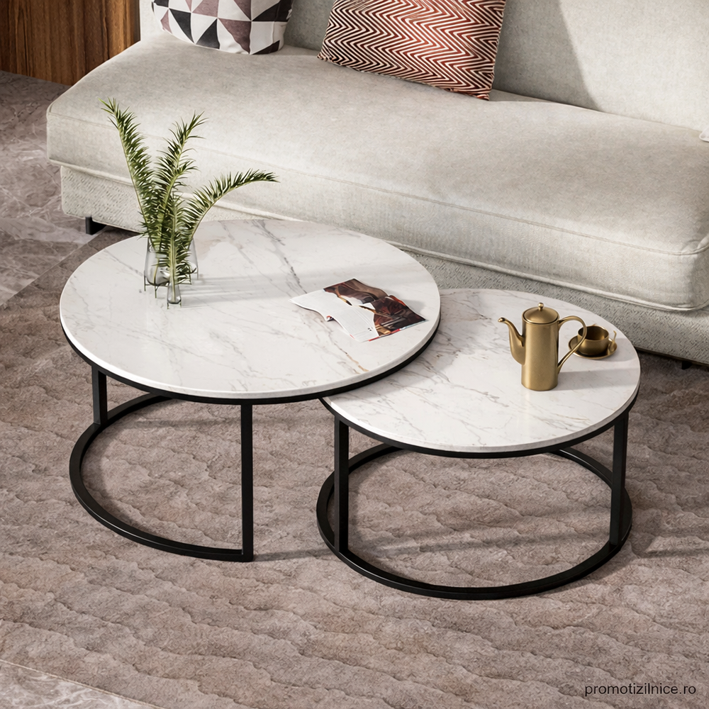Set 2 măsuțe de cafea rotunde cu efect marmură – Blat MDF + Cadrul metalic rezistent | Design modern living PromotiiZilnice
