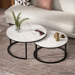 Set 2 măsuțe de cafea rotunde cu efect marmură – Blat MDF + Cadrul metalic rezistent | Design modern living PromotiiZilnice