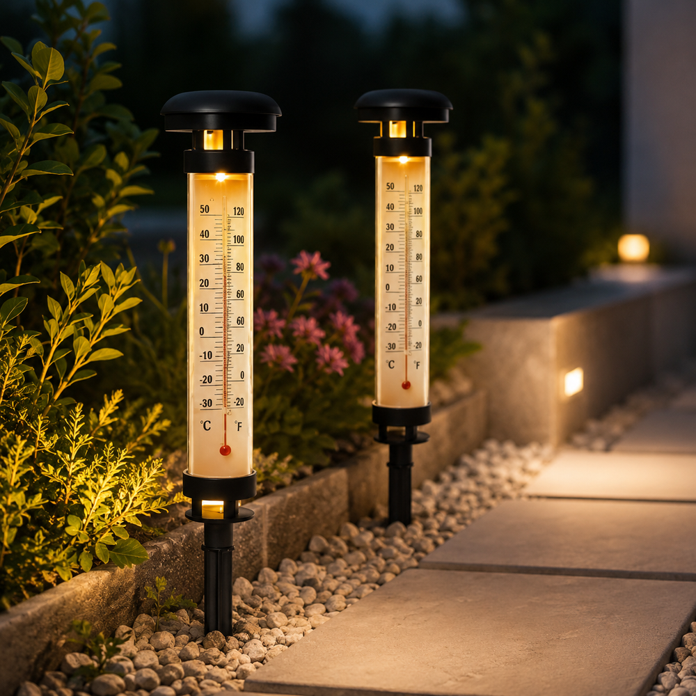 Set 2 Termometre Solare de Gradina cu Lampa LED, Afisaj Dual Celsius/Fahrenheit, Aprindere Automata, Incarcare Solara, Tarus Inclus, 35 cm, Negru PromotiiZilnice