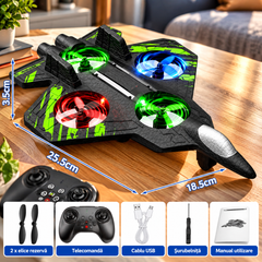 Avion cu Telecomandă RC, Acrobații 360°, Lumini LED Multicolore, Spumă Ușoară, Negru-Verde Powersale