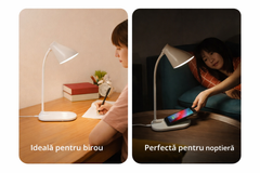 Lampă de birou LED cu încărcare wireless albă – iluminare practică pentru birou și noptieră Powersale
