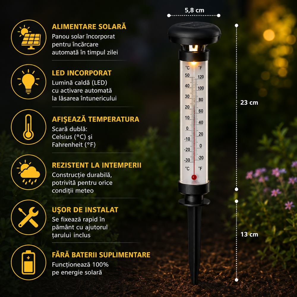 Set 2 Termometre Solare de Gradina cu Lampa LED, Afisaj Dual Celsius/Fahrenheit, Aprindere Automata, Incarcare Solara, Tarus Inclus, 35 cm, Negru PromotiiZilnice