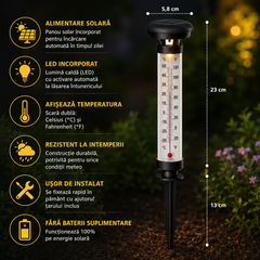Set 2 Termometre Solare de Gradina cu Lampa LED, Afisaj Dual Celsius/Fahrenheit, Aprindere Automata, Incarcare Solara, Tarus Inclus, 35 cm, Negru PromotiiZilnice