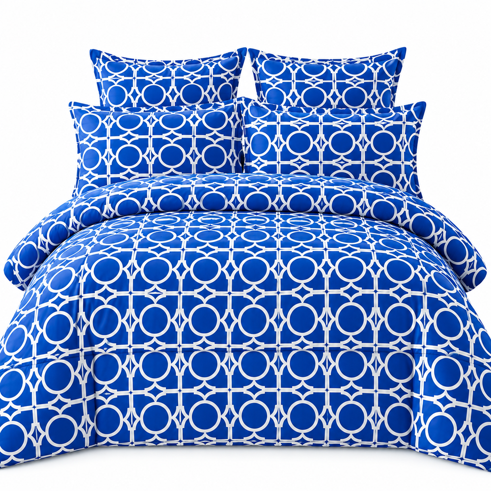 Lenjerie de Pat din Finet, 4 Piese, Albastru cu Model Geometric Powersale