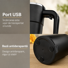 Cană Automată cu Amestecare Magnetică, Inox, Afișaj Temperatură, USB Type-C PromotiiZilnice