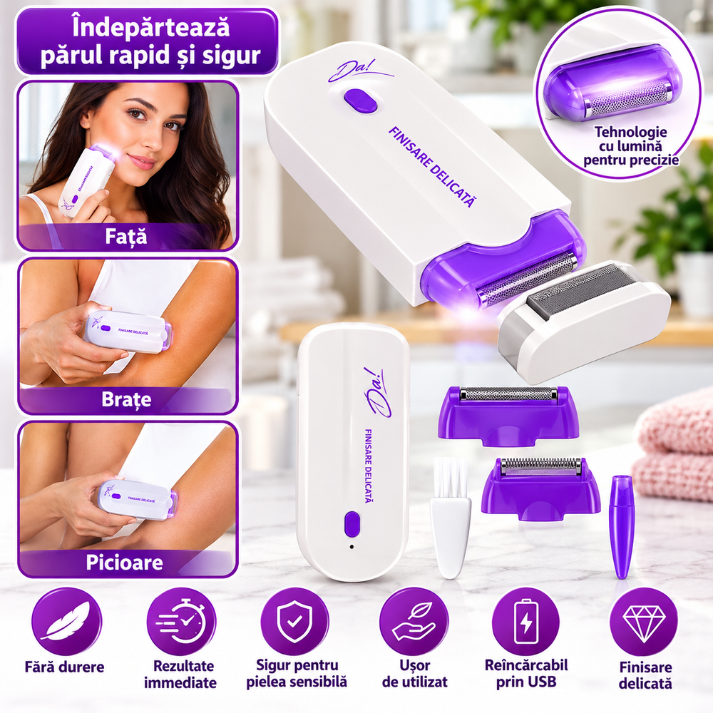 Epilator Electric Reîncărcabil Finishing Touch Yes, Tehnologie Sensa-Light, Lumină pentru Precizie, Alb-Mov PromotiiZilnice