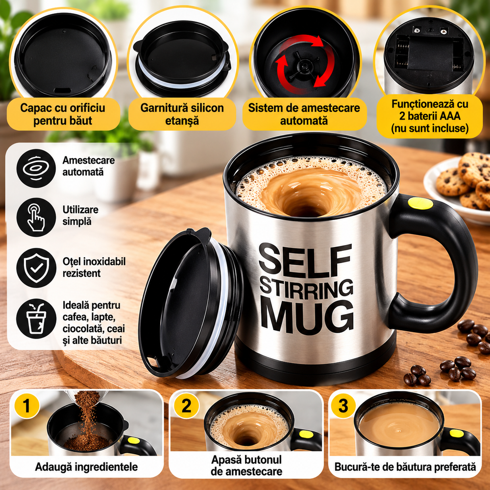 Set 2 Căni cu Amestecare Automată Self Stirring Mug, Inox, Capac, Buton Pornire BunSiPractic