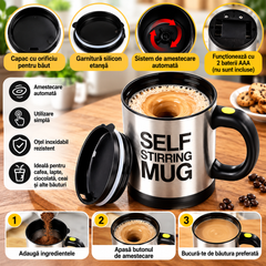 Set 2 Căni cu Amestecare Automată Self Stirring Mug, Inox, Capac, Buton Pornire BunSiPractic