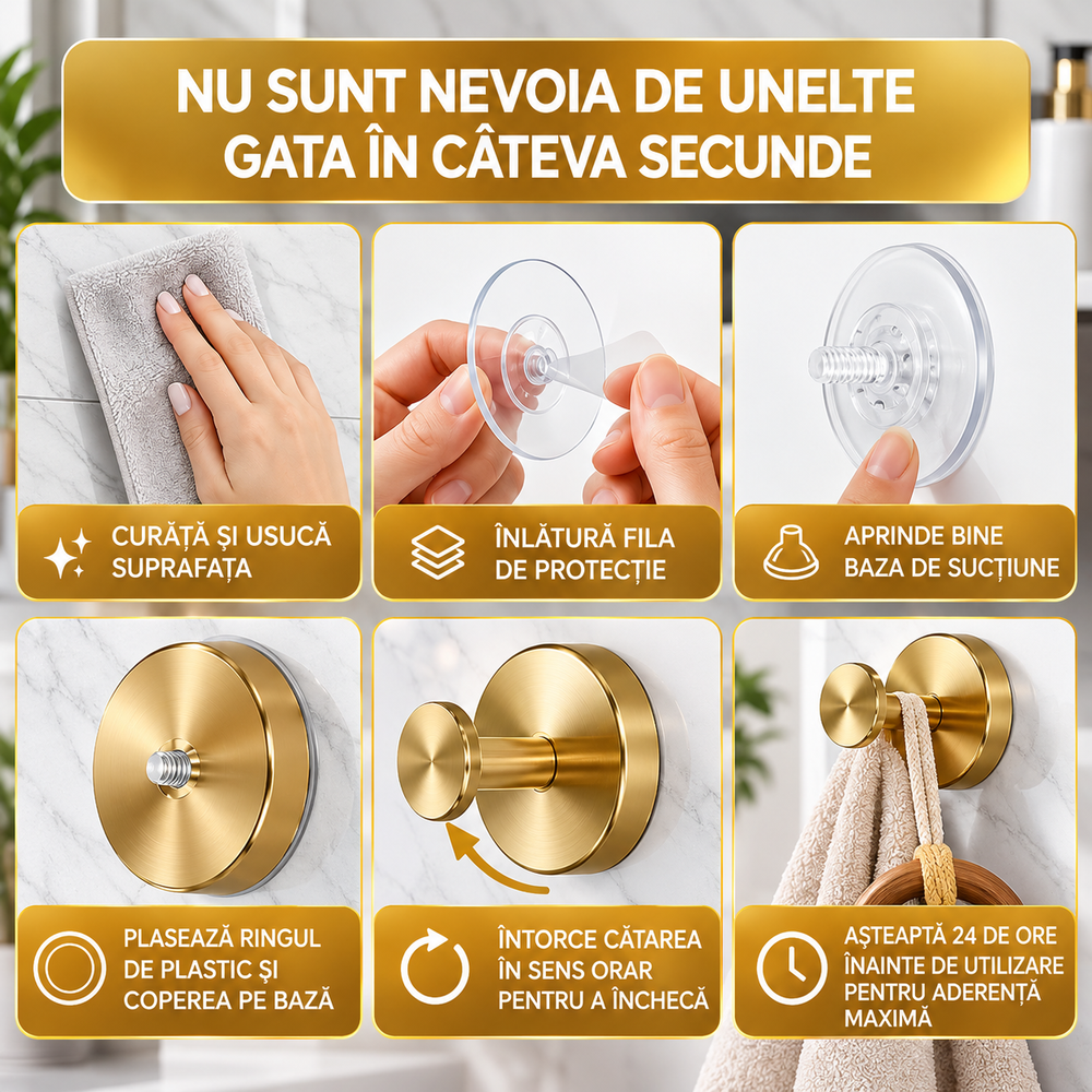 Set 2 Cârlige Aurii cu Ventuză, Fără Găurire, Rezistente la Apă, pentru Baie și Bucătărie Powersale