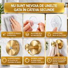 Set 2 Cârlige Aurii cu Ventuză, Fără Găurire, Rezistente la Apă, pentru Baie și Bucătărie Powersale