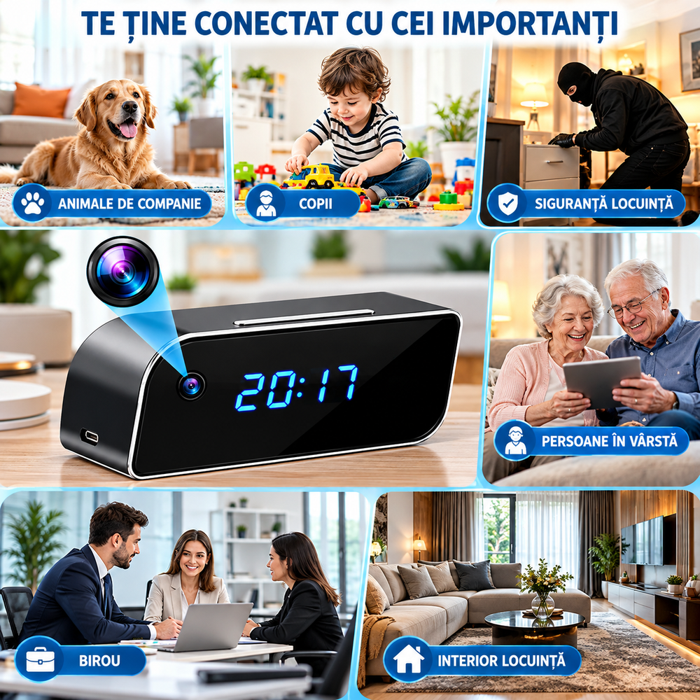 Ceas Digital cu Cameră de Supraveghere WiFi, Full HD 1080P, Viziune Nocturnă, Detecție Mișcare, Microfon, Negru BunSiPractic