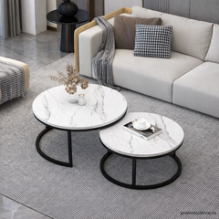 Set 2 măsuțe de cafea rotunde cu efect marmură – Blat MDF + Cadrul metalic rezistent | Design modern living PromotiiZilnice