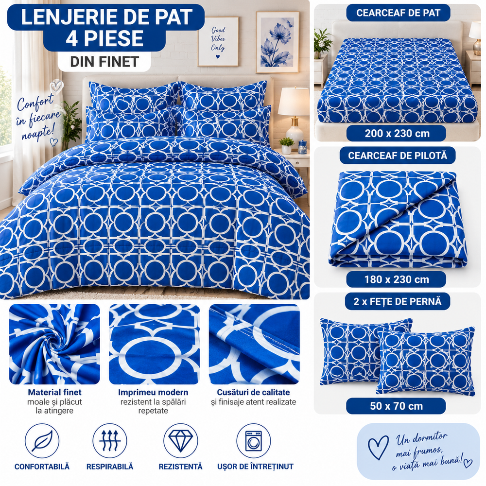 Lenjerie de Pat din Finet, 4 Piese, Albastru cu Model Geometric Powersale