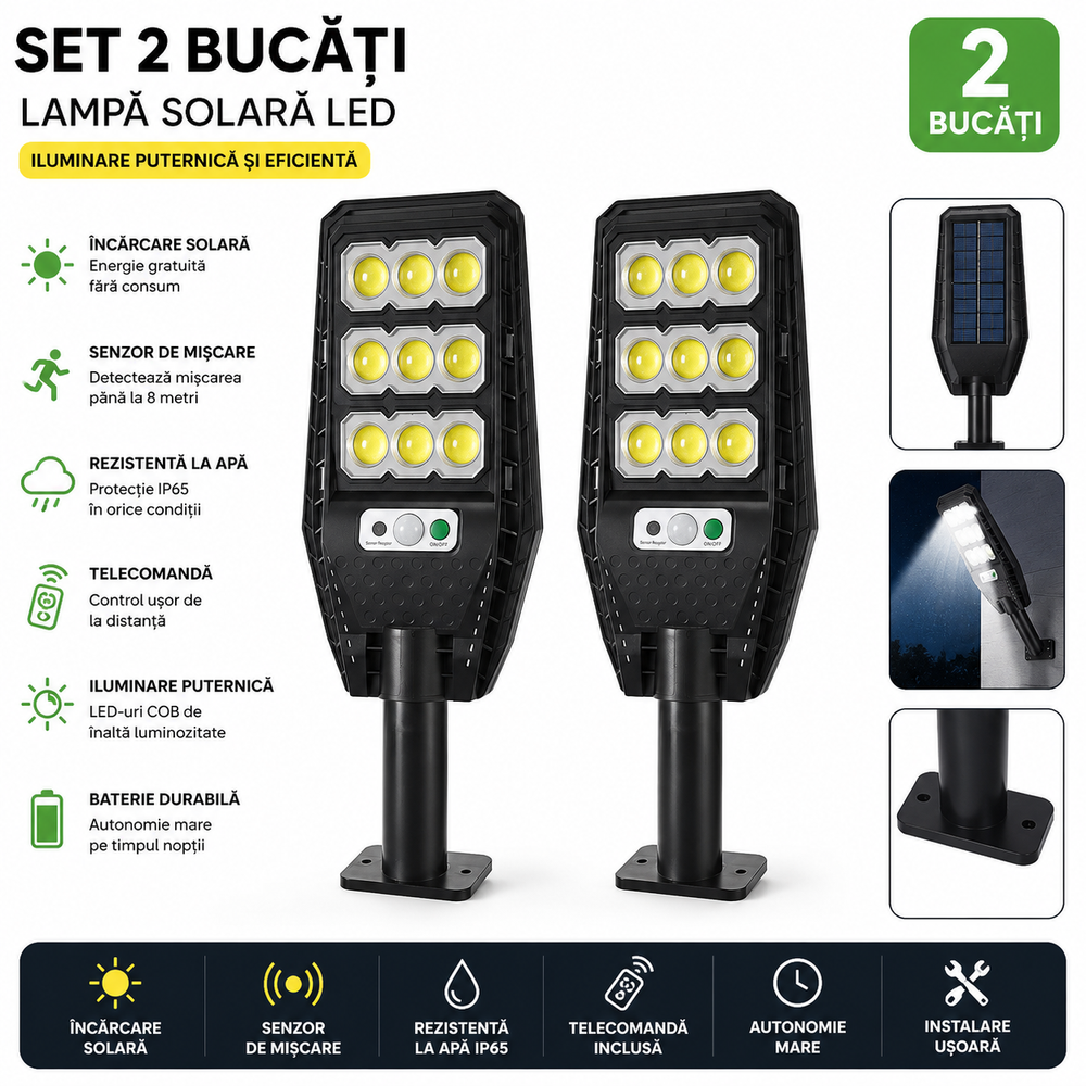 Set 2 x Lampa Solara Stradala JORTAN 100W, 9 Cadrane LED COB, Senzor de Miscare, Telecomanda, IP66, 6500K, Iluminat Exterior Curte si Gradina PromotiiZilnice