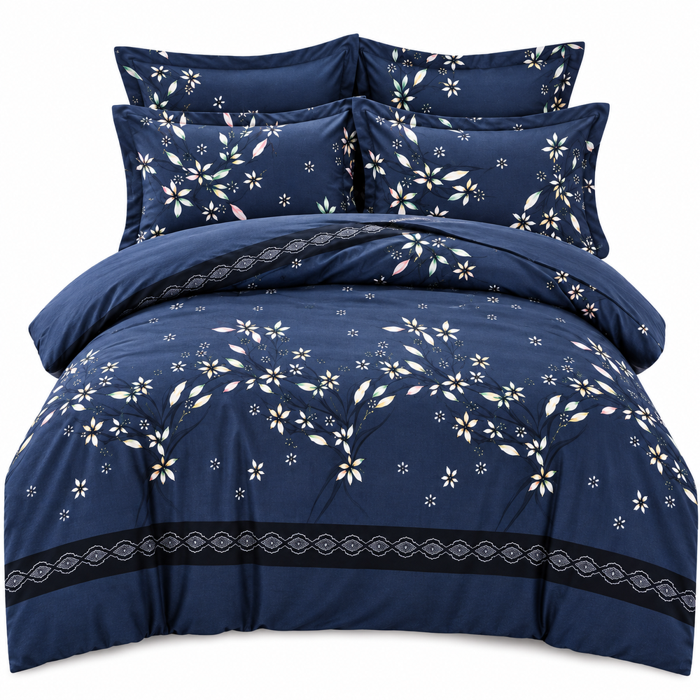 Lenjerie de Pat din Finet, 4 Piese, Model Floral, Bleumarin Powersale