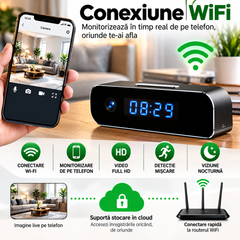 Ceas Digital cu Cameră de Supraveghere WiFi, Full HD 1080P, Viziune Nocturnă, Detecție Mișcare, Microfon, Negru BunSiPractic