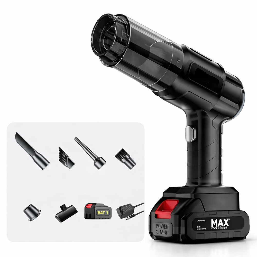 Aspirator Auto 6 in 1 Fara Fir, pentru Casa, Masina, Calculator, Birou, Putere 100W, Eficienta Mare, Functii de Aspirare, Suflare, Vidare, Filtru HEPA, Perie Detailing, Negru PromotiiZilnice