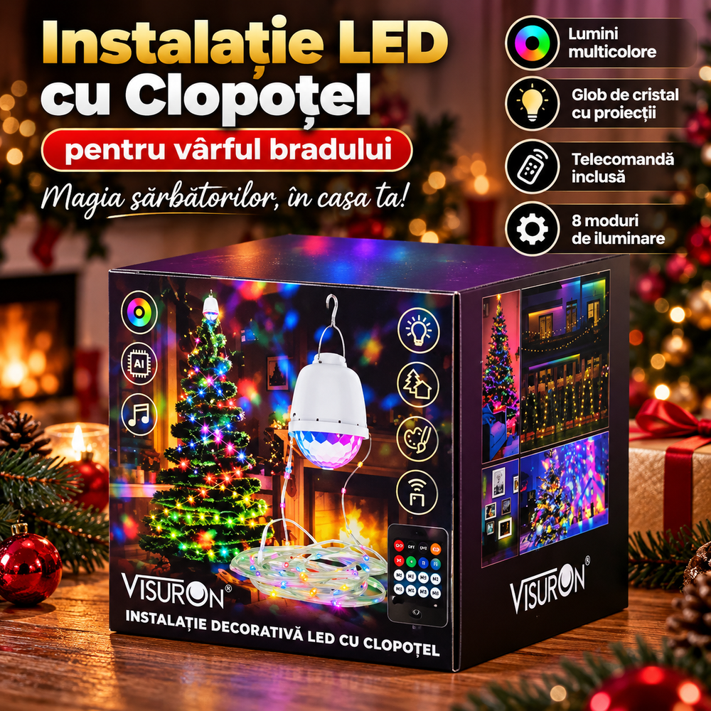 Instalație LED de Crăciun cu Clopoțel Luminos pentru Vârful Bradului, 10 m, Glob de Cristal, Telecomandă, 8 Moduri de Iluminare, Multicolor Powersale
