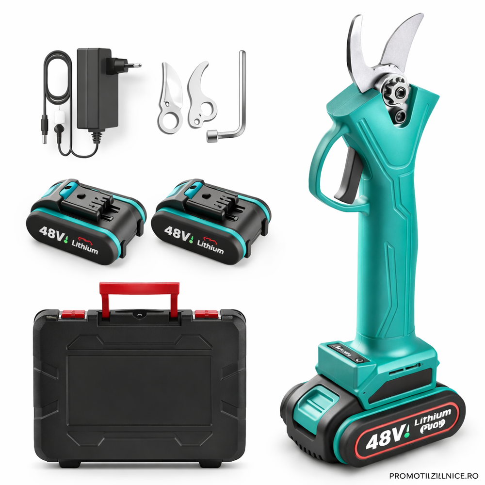 Foarfeca Electrica 1000W cu 2 Acumulatori – Foarfeca Automata Profesionala pentru Toaletat Pomi si Vita de Vie PromotiiZilnice