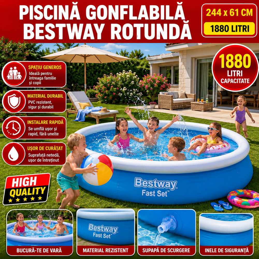 Piscina Gonflabila Bestway Fast Set Rotunda 244 x 61 cm, Capacitate 1880 Litri, Montaj Rapid, Albastra Powersale