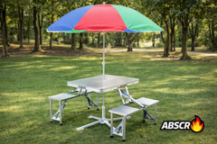 Masa pliabila aluminiu tip geamantan cu 4 scaune si suport umbrela – ideala pentru picnic, camping si gradina Powersale
