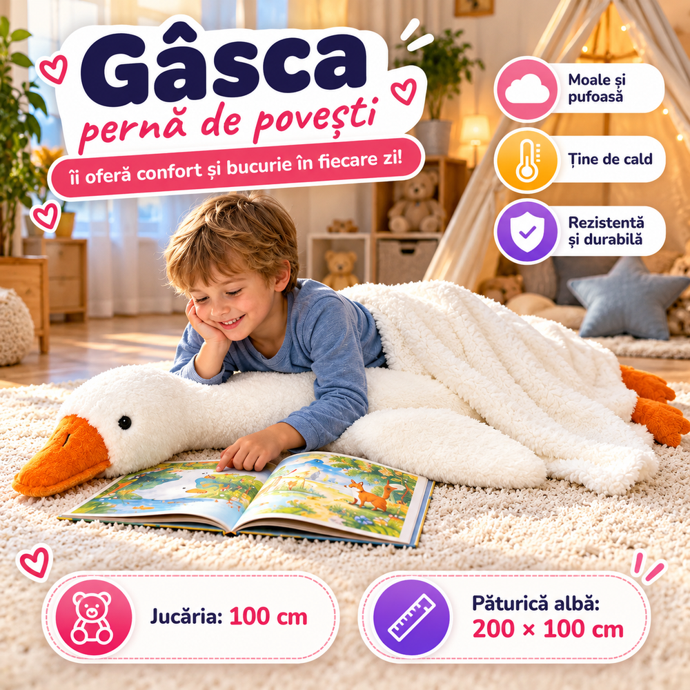 Jucărie de Pluș 2 în 1 cu Păturică Pufoasă 200 × 100 cm, Fermoar Ascuns, Panda, Gâscă, Ursuleț sau Elefant, Model la Alegere Powersale