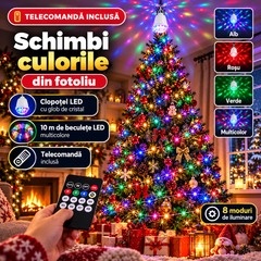 Instalație LED de Crăciun cu Clopoțel Luminos pentru Vârful Bradului, 10 m, Glob de Cristal, Telecomandă, 8 Moduri de Iluminare, Multicolor Powersale