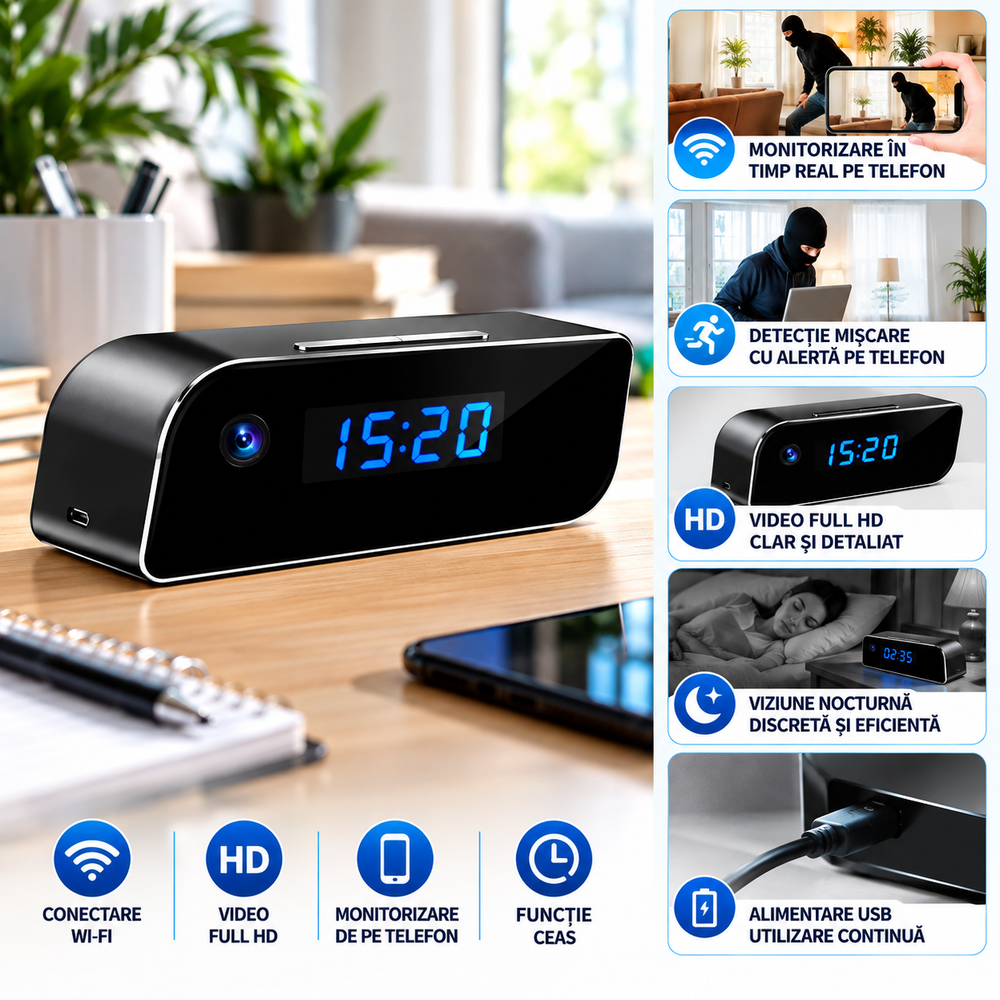 Ceas Digital cu Cameră de Supraveghere WiFi, Full HD 1080P, Viziune Nocturnă, Detecție Mișcare, Microfon, Negru BunSiPractic