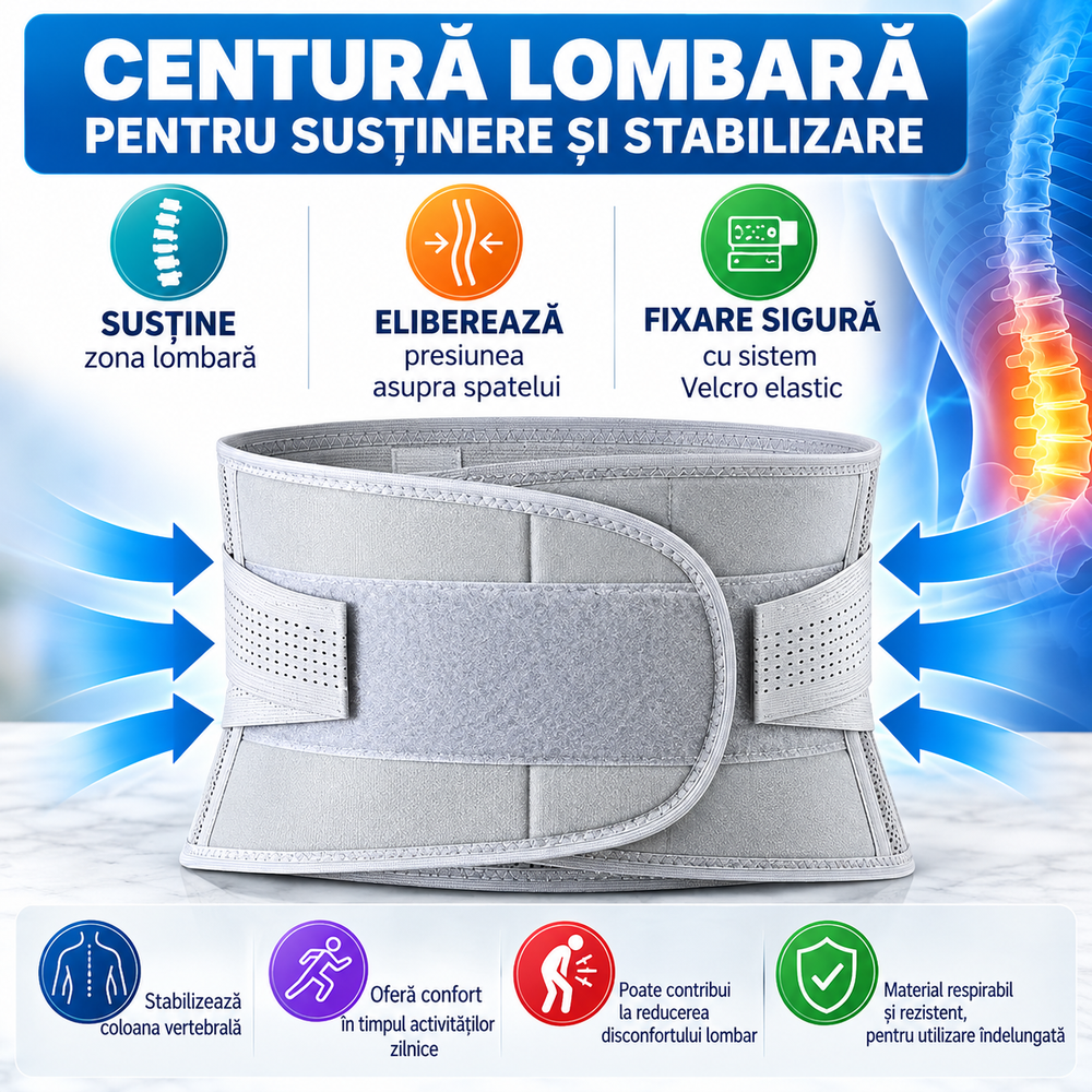 Centură Lombară Ajustabilă, Suport pentru Spate, Compresie Dublă, Material Respirabil, Fixare Velcro, Unisex, Gri BunSiPractic